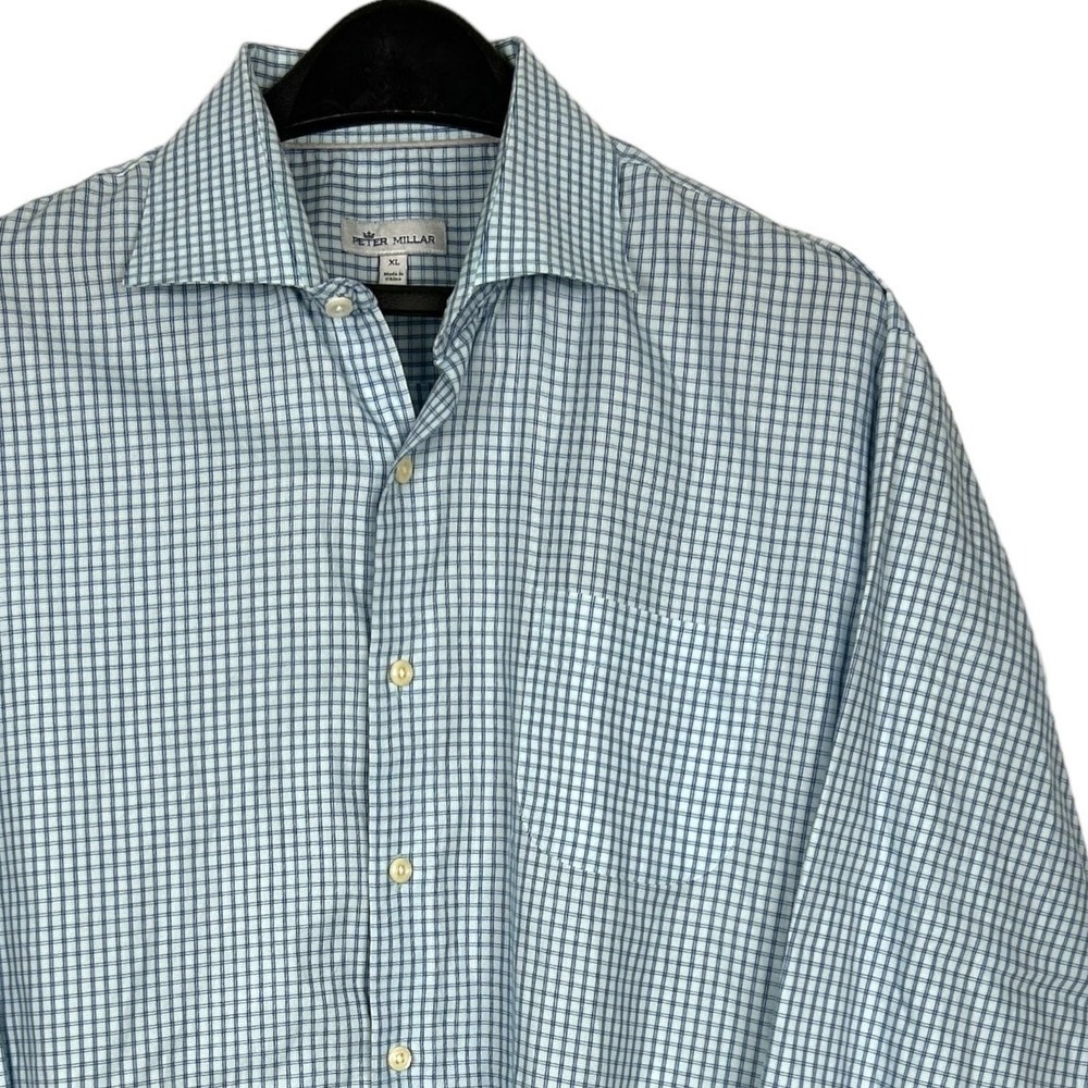 Peter Millar Button Up‎ Spread Collar Shirt Mens XL Cotton Check Blue White